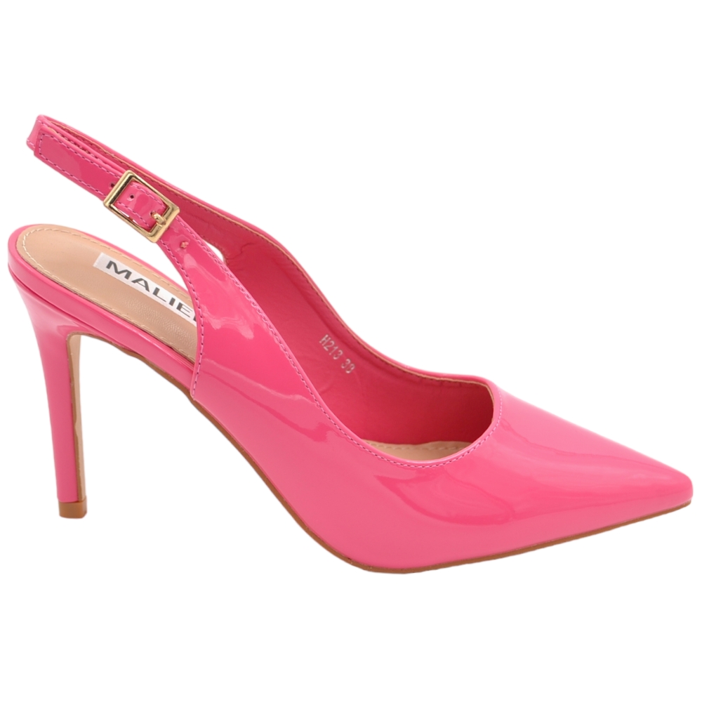 Scarpe decollete slingback donna elegante a punta in vernice lucida fucsia tacco 10cm cinturino retro tallone regolabile.