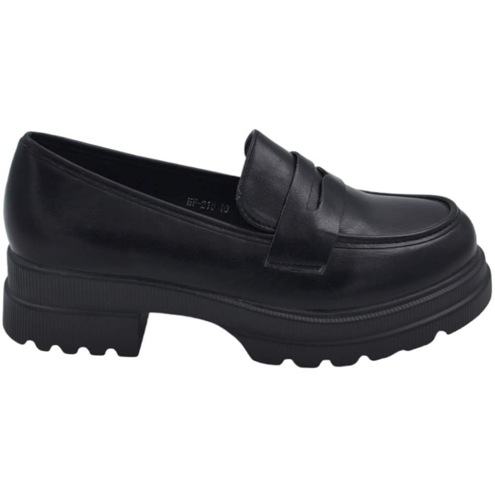 Mocassino donna collage inglese con bendina in pelle nero opaco suola in gomma alta 3 cm antiscivolo linea Basic.