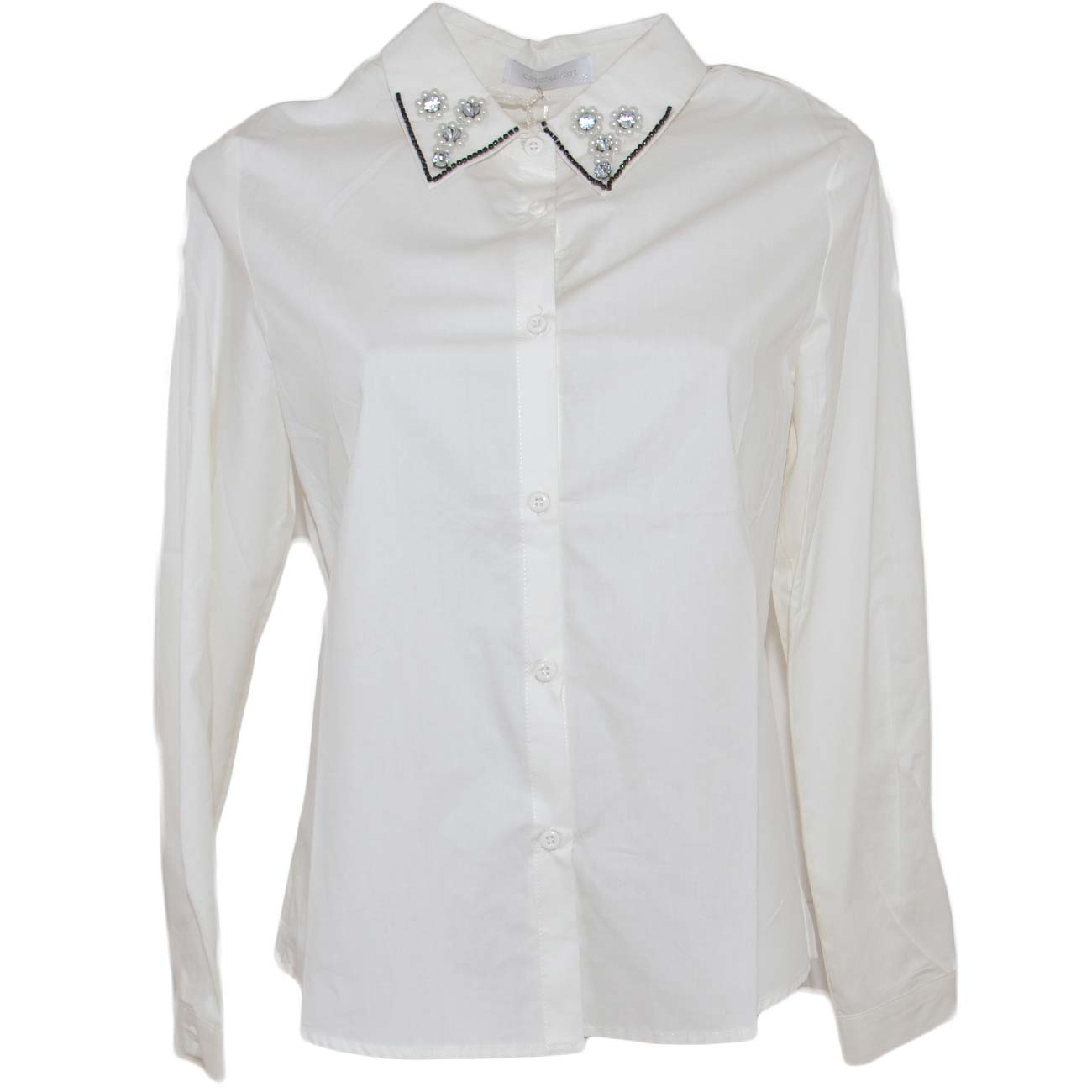 Camicia donna bianca in cotone classica con perline e strass su colletto abbottonatura basic maschile moda