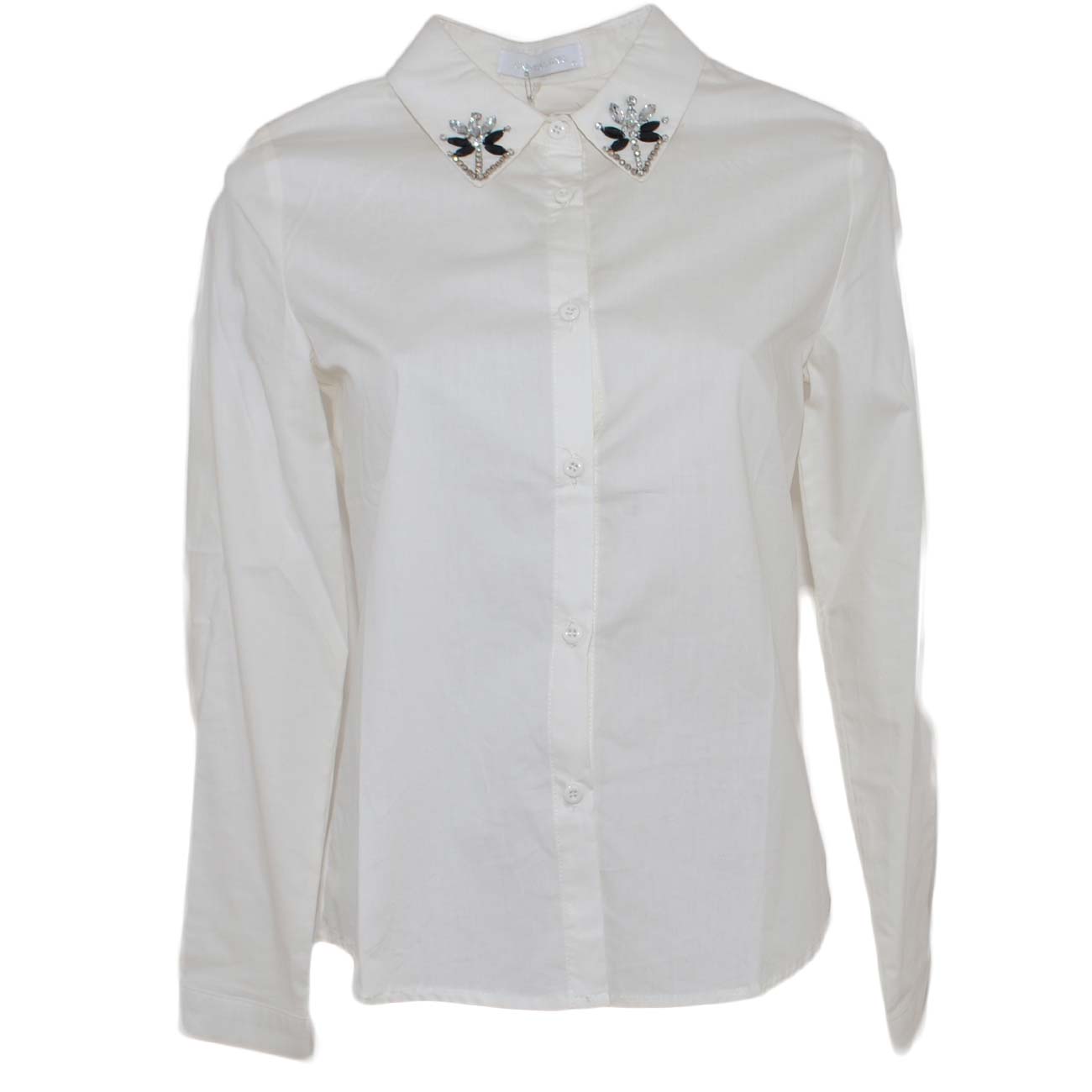 Camicia donna bianca in cotone classica con applicazioni e strass su colletto abbottonatura basic maschile moda