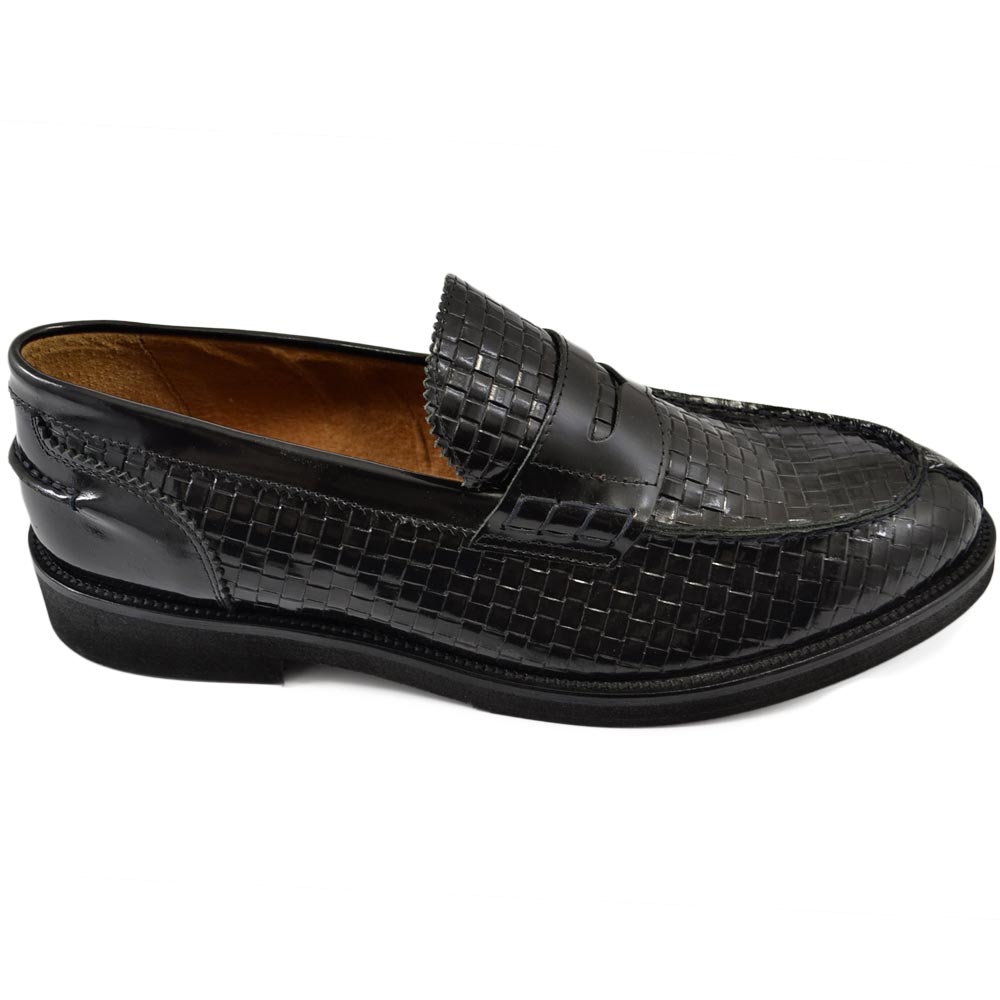 Mocassino uomo intrecciato nero fondo gomma antiscivolo made in italy