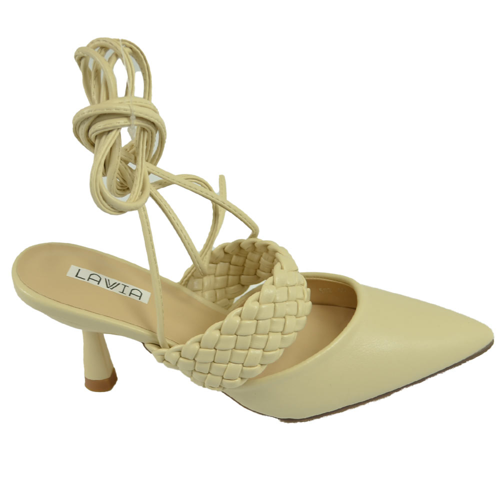 Decollete' donna tacco sottile 5 comfort beige intrecciato allacciatura alla schiava open toemorbido moda glamour evento.