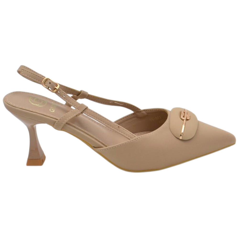 Decollete donna a punta slingback beige in raso con dettaglio gioiello tacco clessidra 7 cm chiusura caviglia