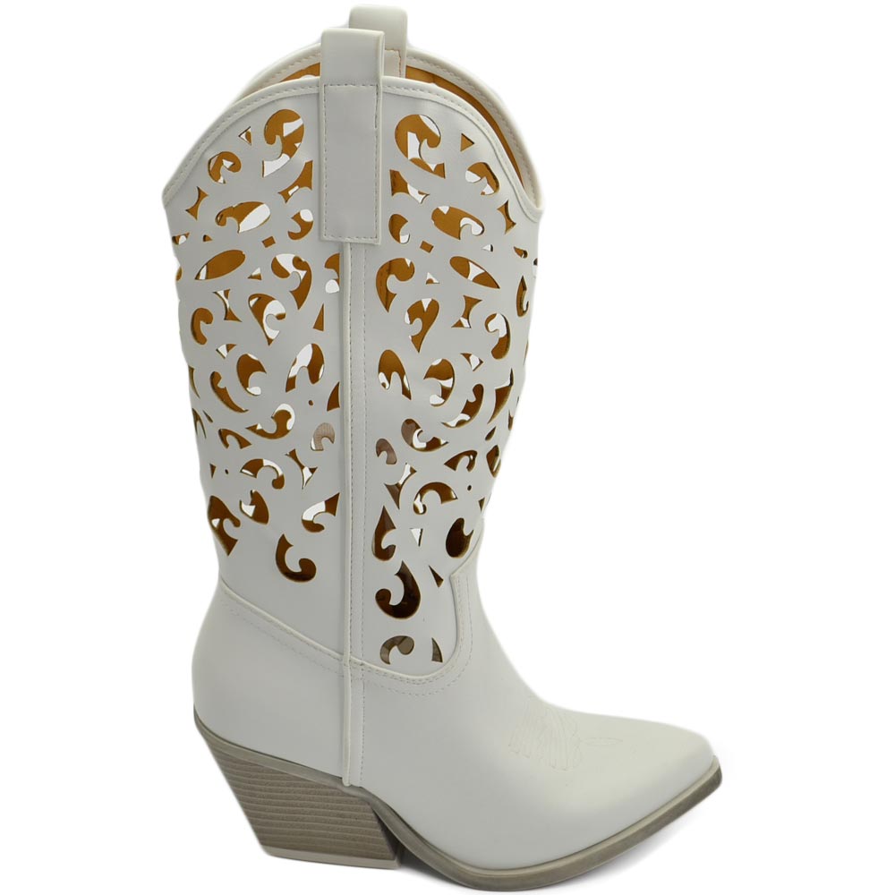 Stivali donna camperos texani bianchi ecopelle forato tacco 5 cm western comodo gomma altezza meta' polpaccio