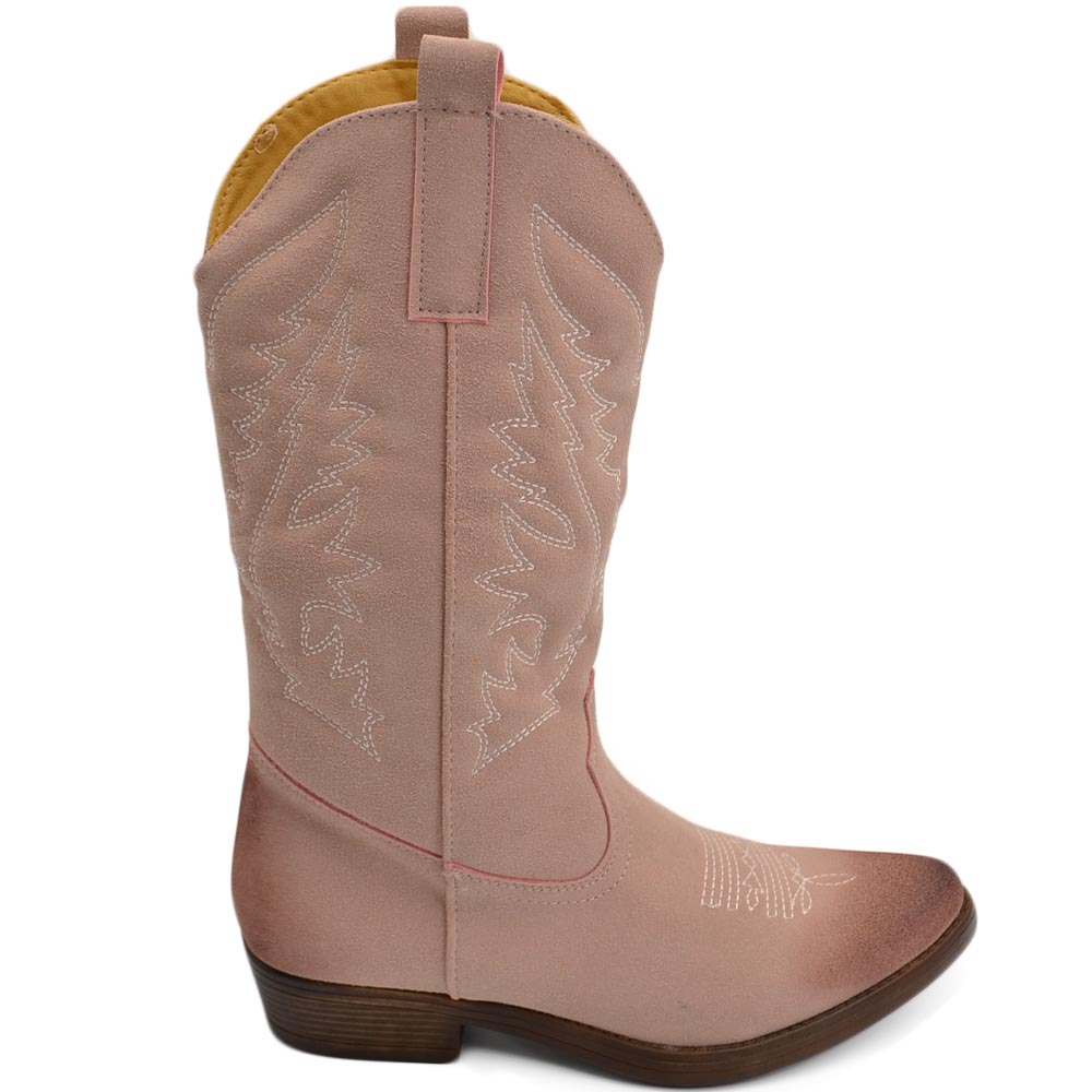 Stivali donna camperos texani stile western rosa con fantasia laser su pelle scamosciata tinta unita altezza polpaccio.