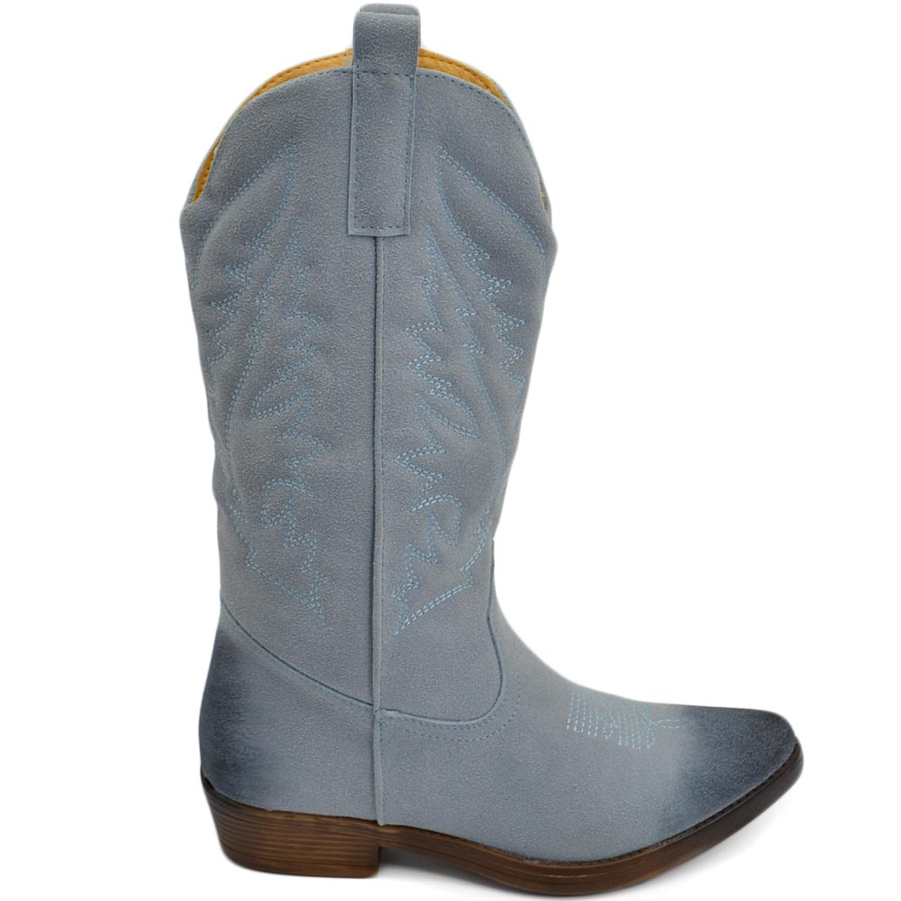 Stivali donna camperos texani stile western azzurr con fantasia laser su pelle scamosciata tinta unita altezza polpaccio