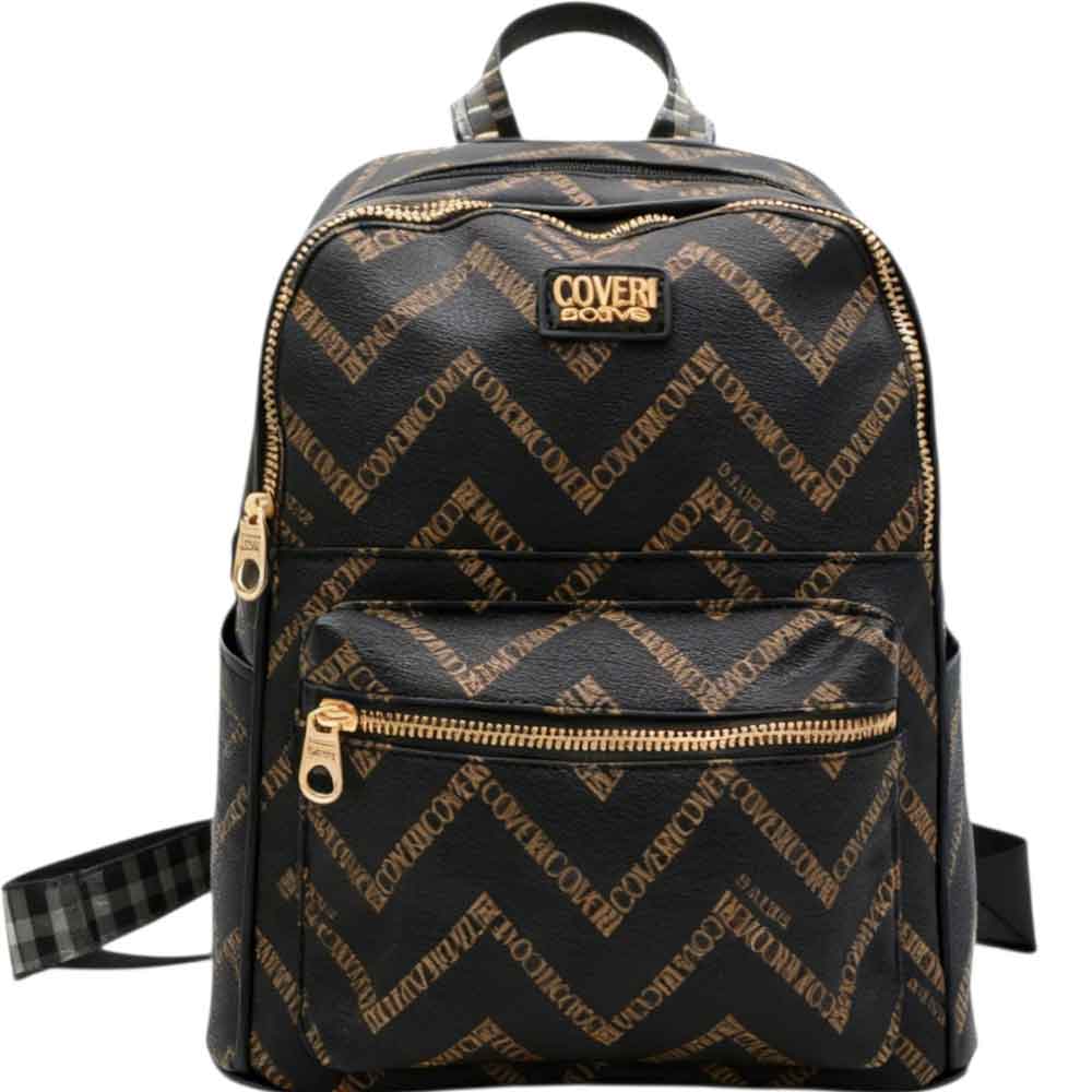 Zaino donna firmato Coveri nero con multilogo oro cerniere dorate bretelle tracolla loggate