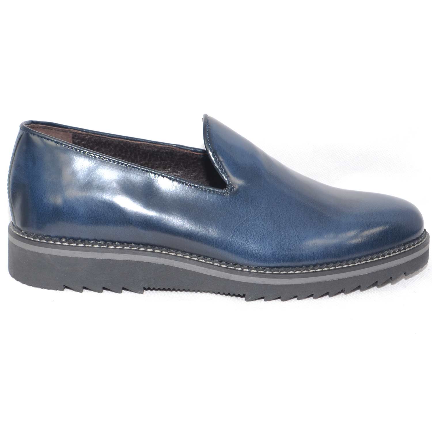 Scarpe mocassino pelle blu lucido abrasivato fondo nero righo grigio squaletto comfort made in italy