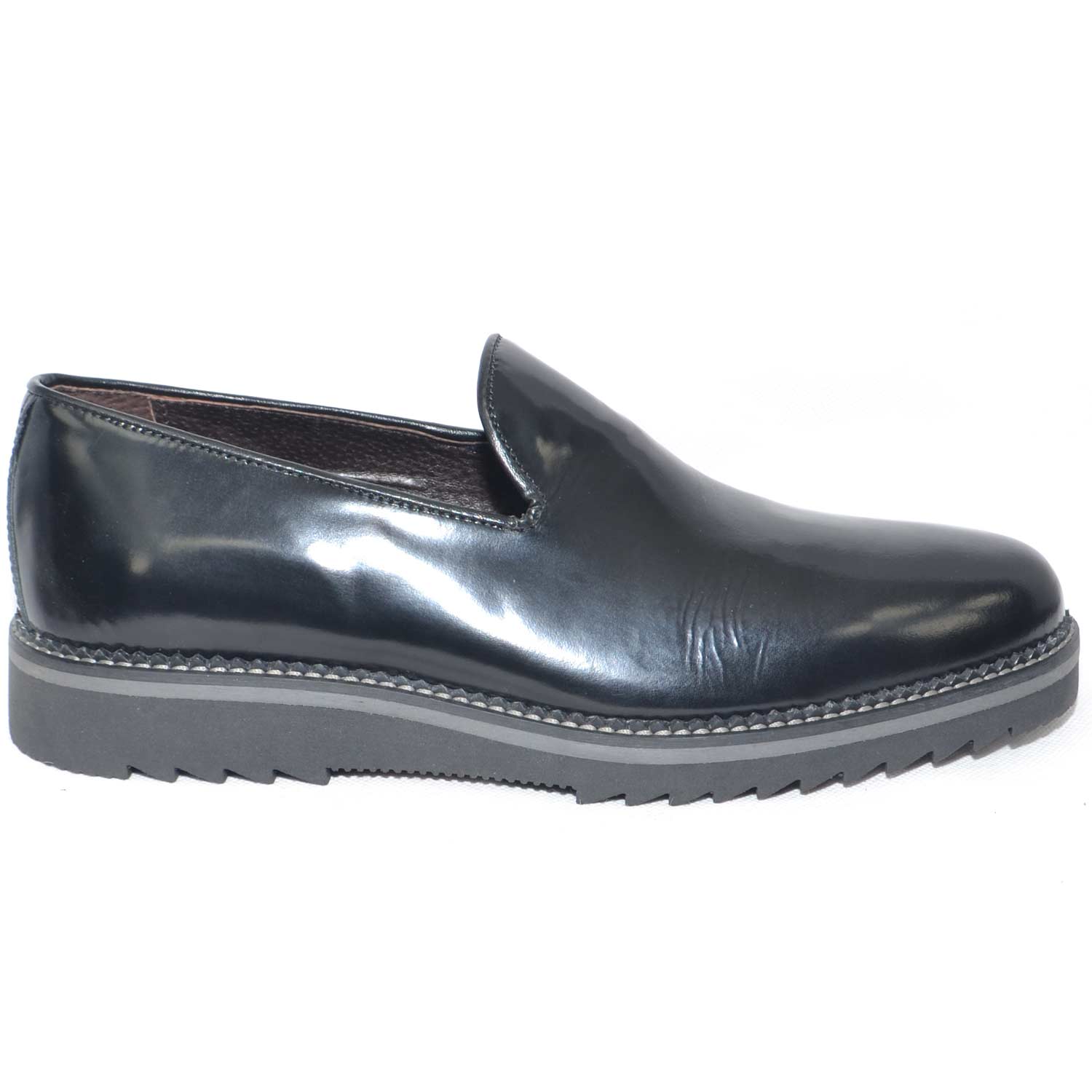 Scarpe uomo mocassino pelle nero lucido abrasivato fondo righo grigio squaletto comfort made in italy