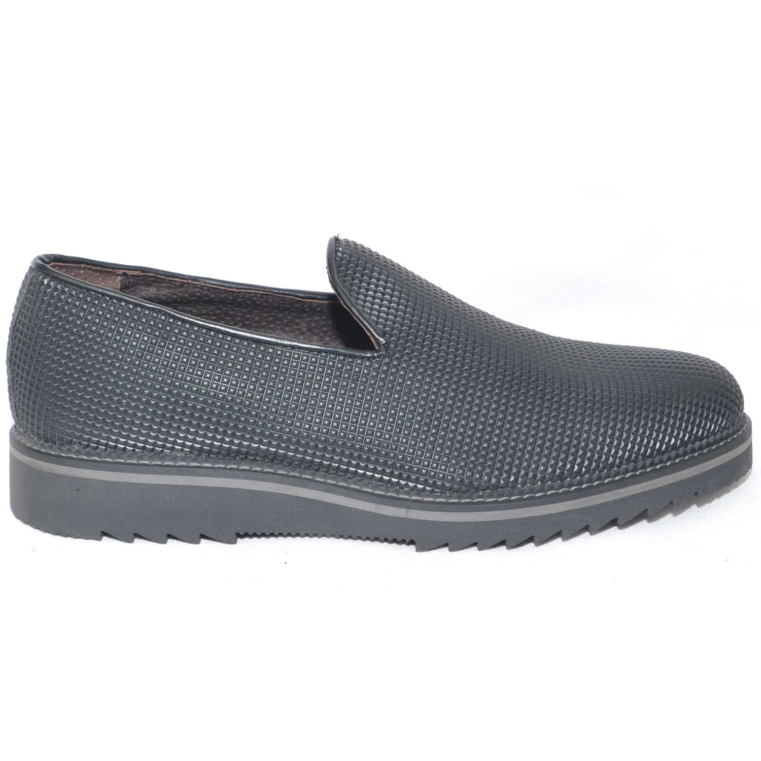 Scarpe mocassino pelle piramide nero lucido abrasivato fondo nero righo grigio squaletto comfort made in italy