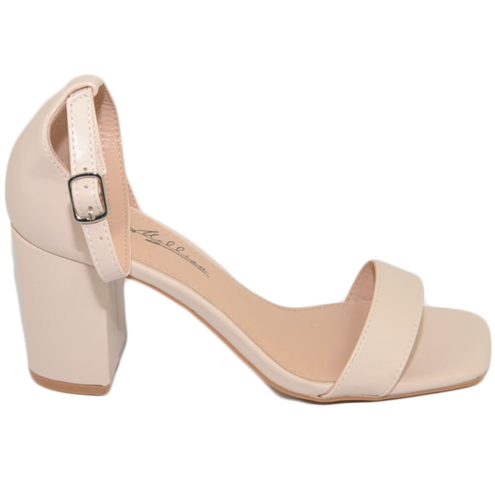 Sandali donna scarpe basic pelle nude beige punta quadrata tacco basso 5 cm quadrato cinturino alla caviglia comodo