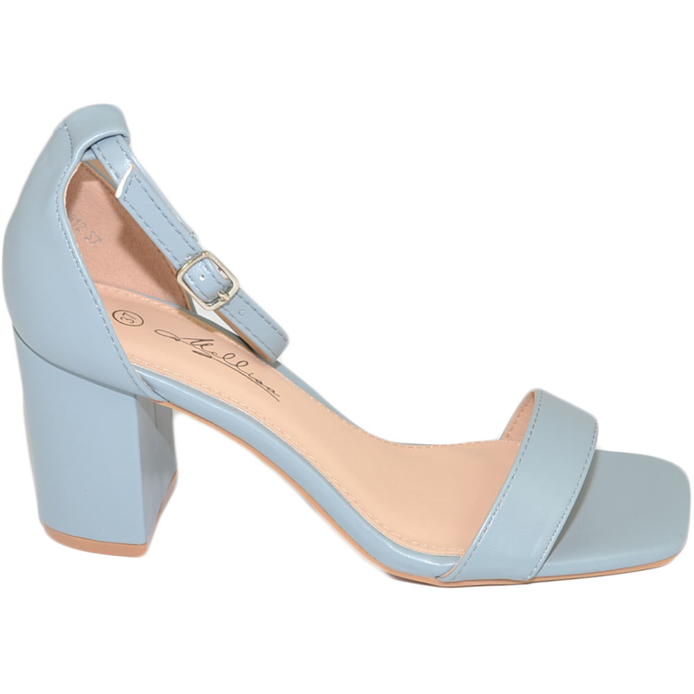 Sandali donna scarpe basic pelle polvere azzurro punta quadrata tacco basso 5 cm quadrato cinturino alla caviglia comodo
