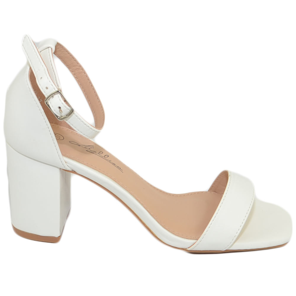 Sandali donna scarpe basic pelle bianco ottico punta quadrata tacco basso 5 cm quadrato cinturino alla caviglia comodo