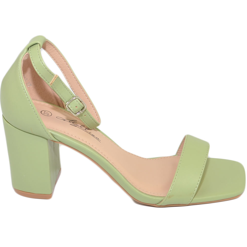 Sandali donna scarpe basic pelle verde pastello punta quadrata tacco basso 5 cm quadrato cinturino alla caviglia comodo