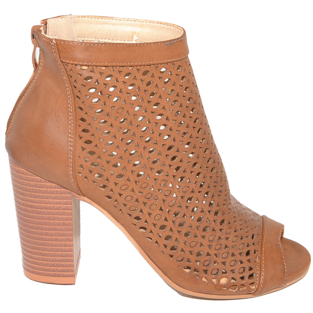 Tronchetto donna estivo alla caviglia cuoio con tacco largo comodo traforato spuntato con zip 