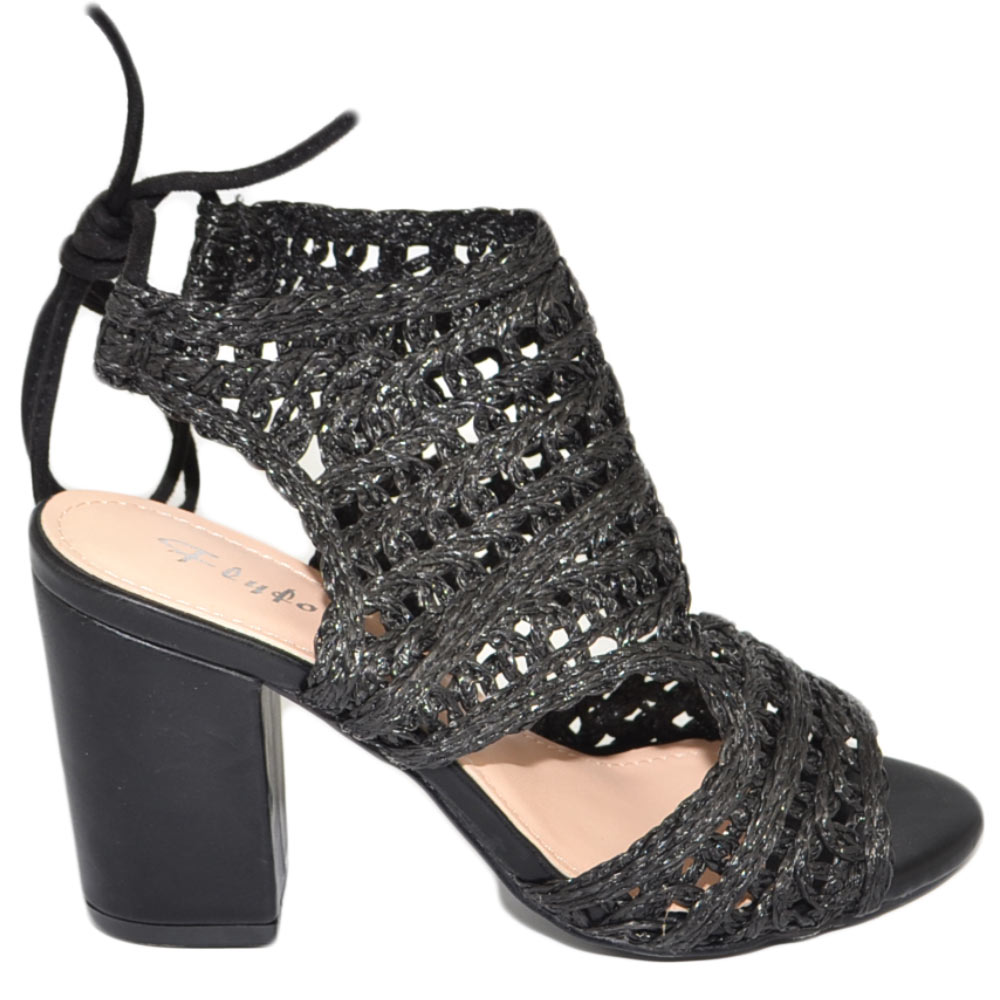 Scarpe donna tronchetto estivo comodo nero tacco largo 5 cm allacciatura retro forato uncinetto lacci open toe spuntato