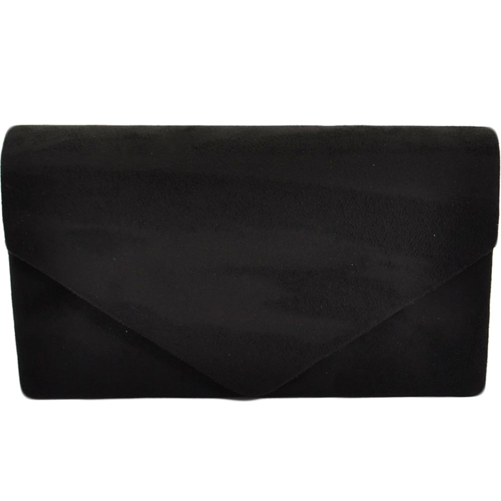 Pochette donna rettangolare a forma di lettera busta in camoscio nero con catena e taschino linea basic made in italy