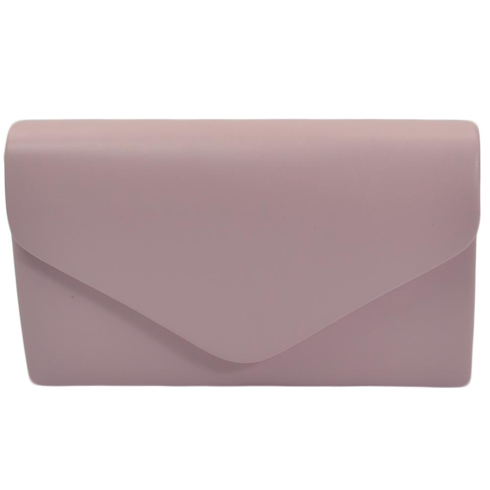 Pochette donna rettangolare a forma di lettera busta in PU rosa glicine con catena e taschino linea basic made in italy.