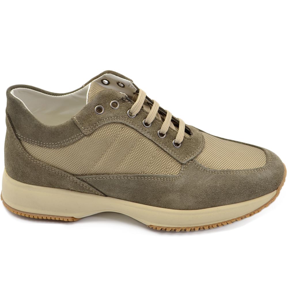 Scarpe uomo polacchino comfort passeggio eleganti beige tela made in italy vera pelle camoscio gomma alta anatomica.