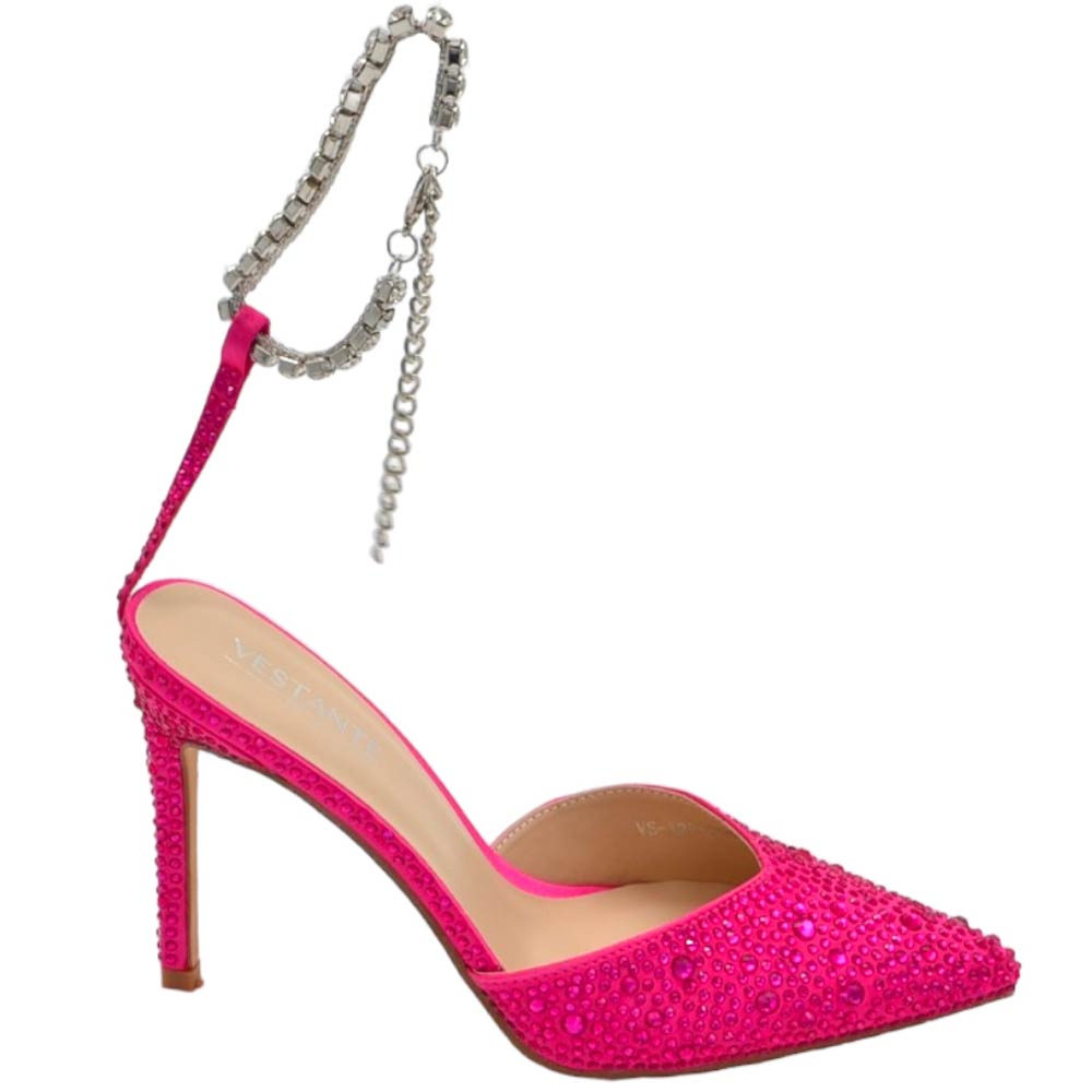 Decollete' donna gioiello elegante in tessuto fucsia con strass tacco a spillo 12cm cinturino gioiello effetto nudo.