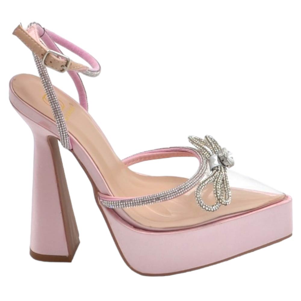 Scarpe decollete donna gioiello trasparente rosa plateau 3 cm e tacco alto 15 cm cinturino alla caviglia moda