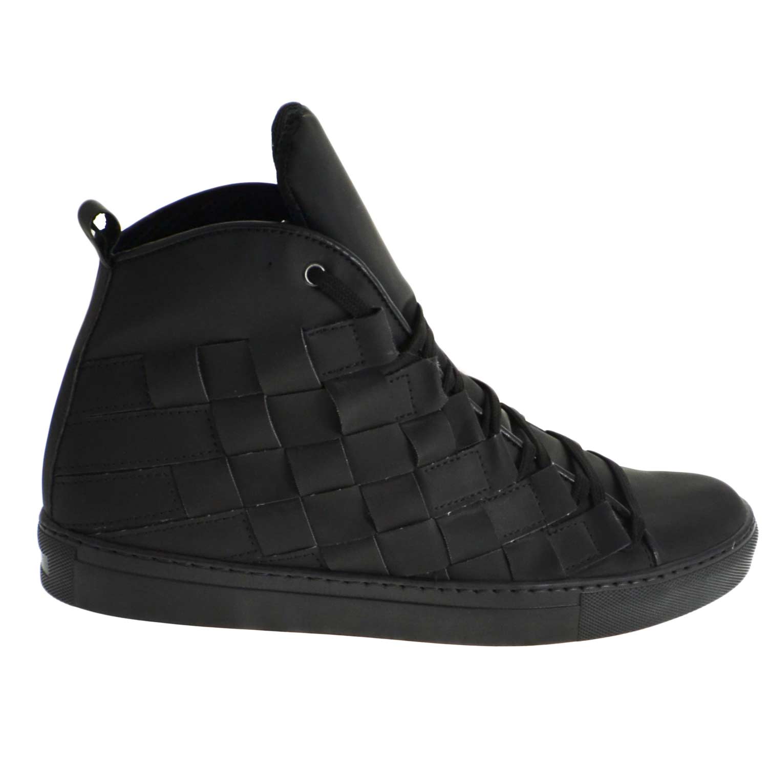 Sneakers alta art 5055 pelle gommato nero matto moda glamour intreccio a mano fondo antiscivolo