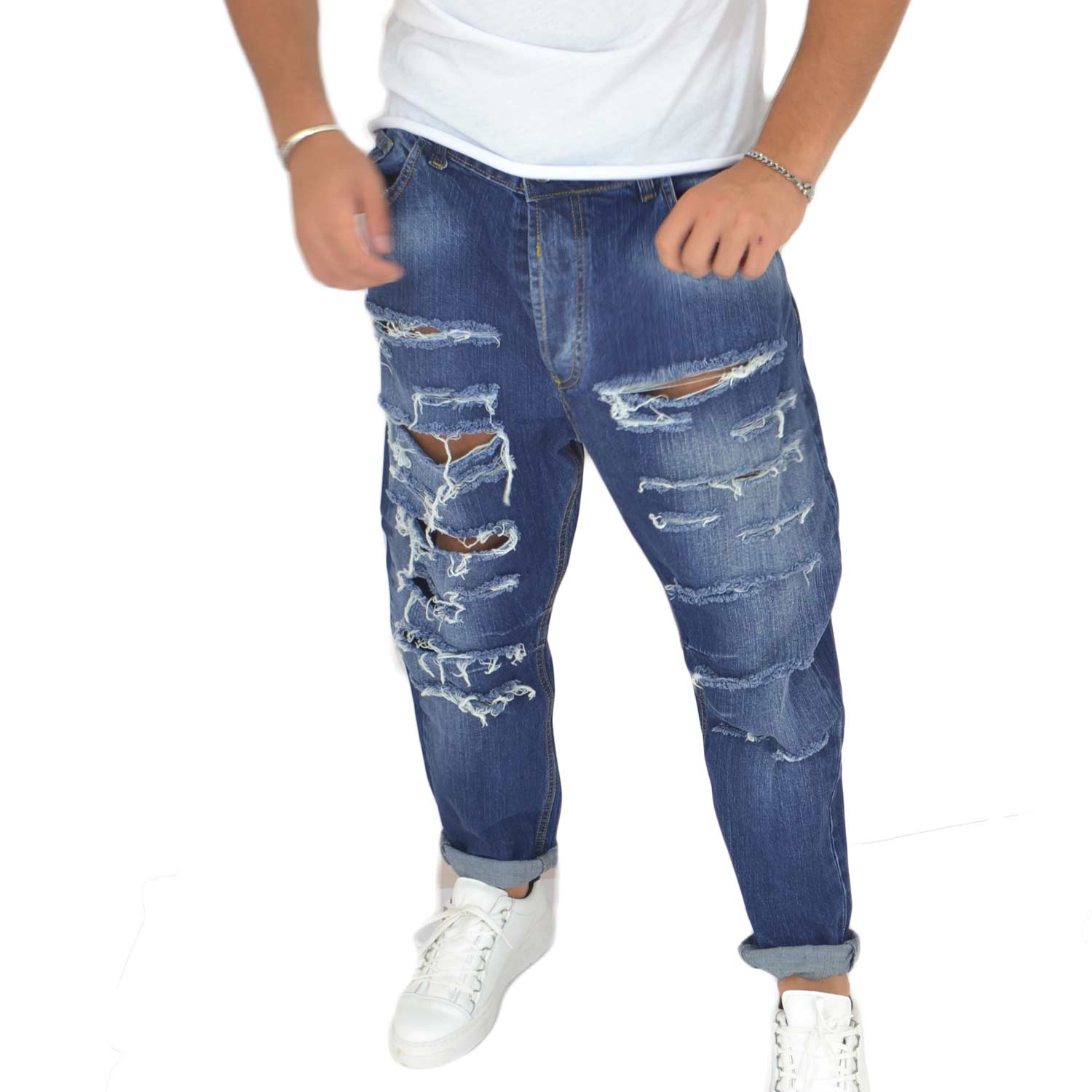 Pantaloni Jeans blu scuro denim biker. Skinny fit. Chiusura con bottone e cerniera strappato moda .