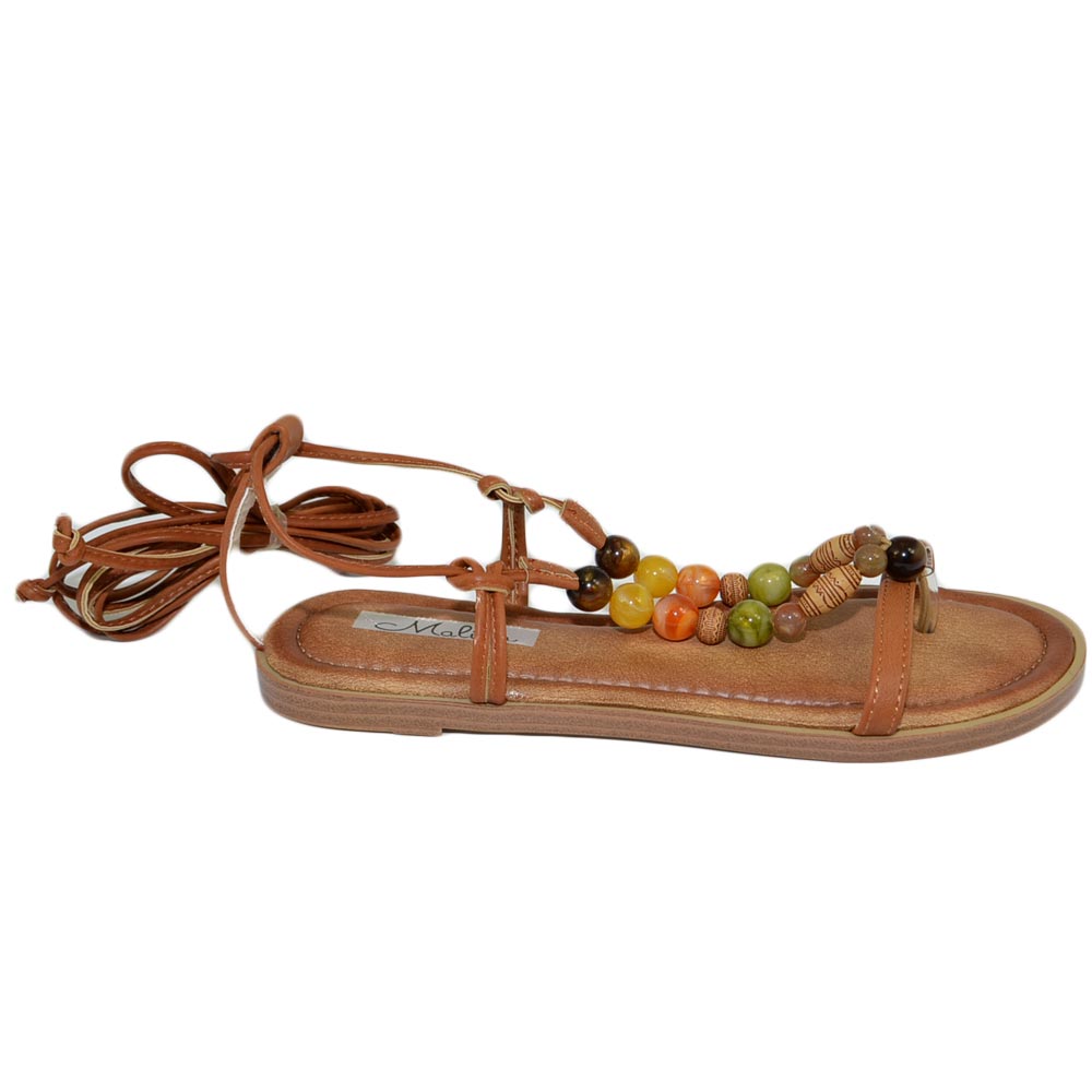 Sandalo basso donna cuoio infradito alla schiava perline colorate pietre e laccio regolabile moda formentera glamour