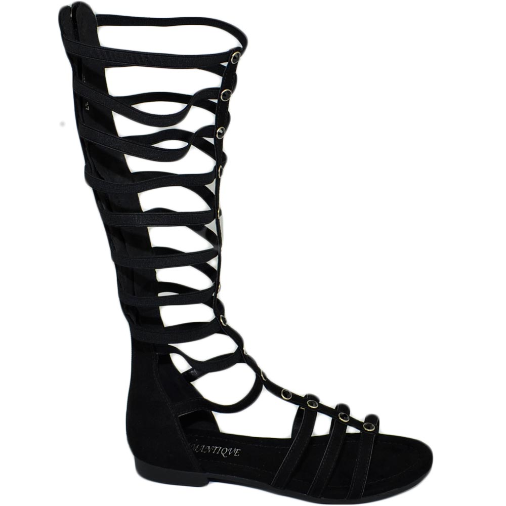 Stivali sandali alla schiava donna nero elastici borchie regolabile al polpaccio con zip facili da infilare gladiatori