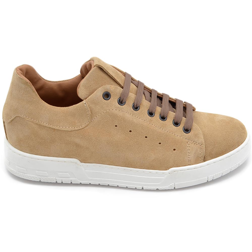 Sneakers uomo bassa vera pelle scamosciato beige con fondo alto bianco moda comode fatte a mano in italia