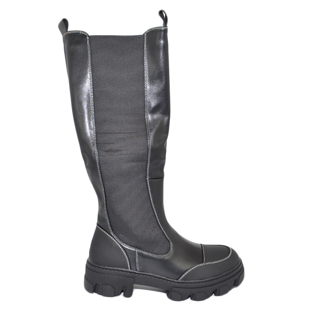 Stivali donna combat boots gomma alta con elastico cuciture contrasto chelsea nero zip altezza ginocchio moda comodo.