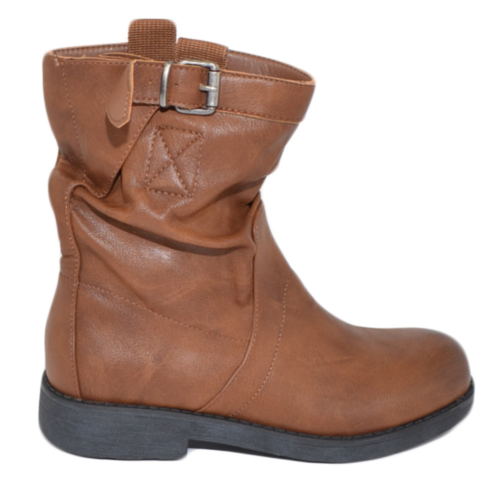Stivaletto biker donna linea basic arricciato cuoio con zip fondo gomma comfort fibbia moda casual