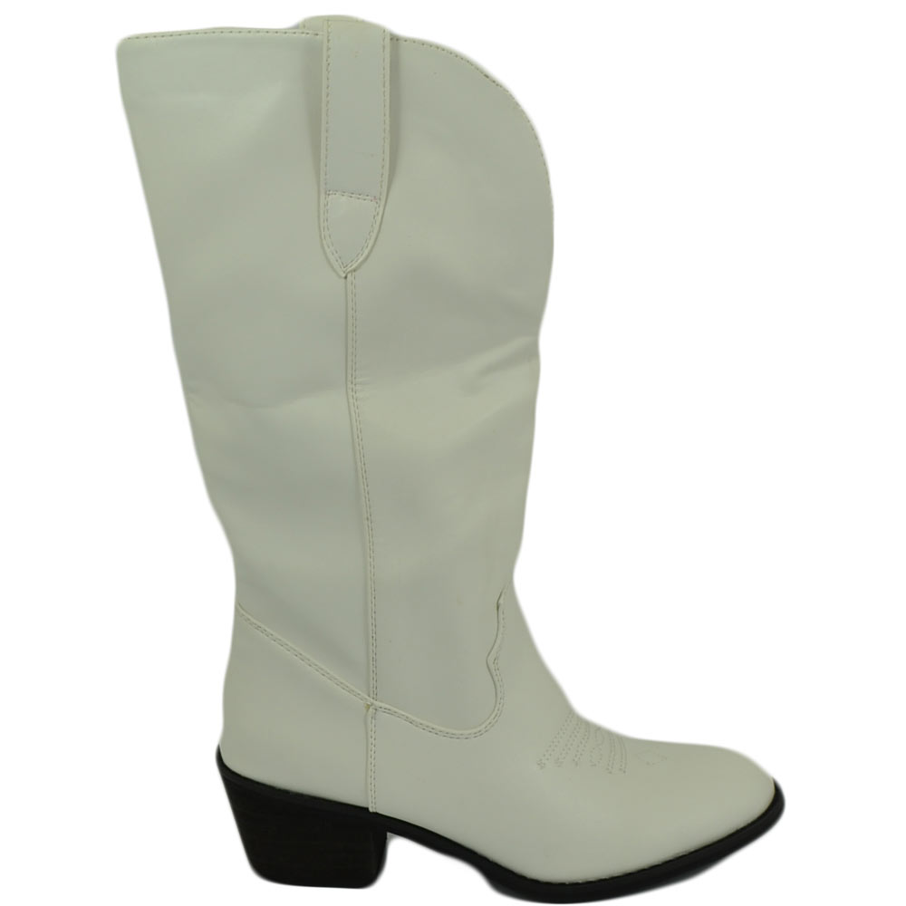 Camperos stivale donna cowboy bianco texano liscio con zip e punta tonda tacco western comodo moda tendenza.