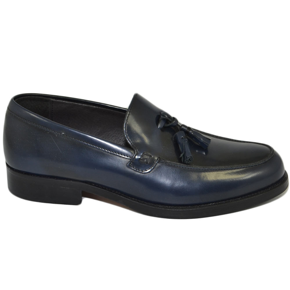 Scarpe uomo mocassini inglese college nappine bon bon vera pelle blu semilucido made in italy suola cuoio.