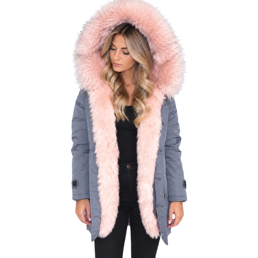 Parka donna invernale con pelliccia rosa eco giacca giubbotto piumino lungo grigio pelo extra volume imbottito caldo mod.