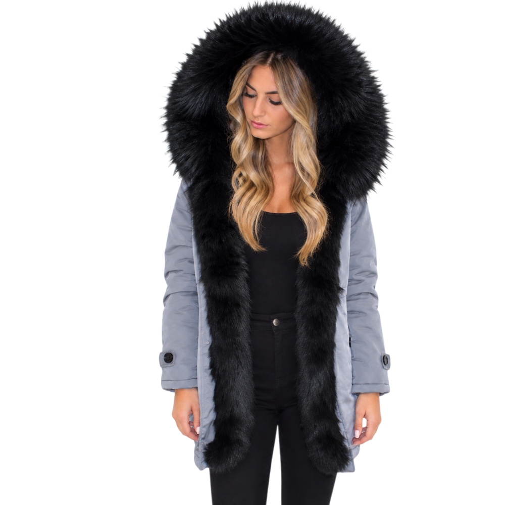 Parka donna invernale con pelliccia nero eco giacca giubbotto piumino lungo grigio pelo extra volume imbottito caldo mod.