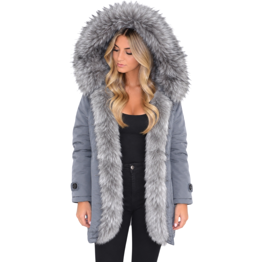 Parka donna invernale con pelliccia ecologic giacca giubbotto piumino lungo grigio pelo extra volume imbottito caldo mod