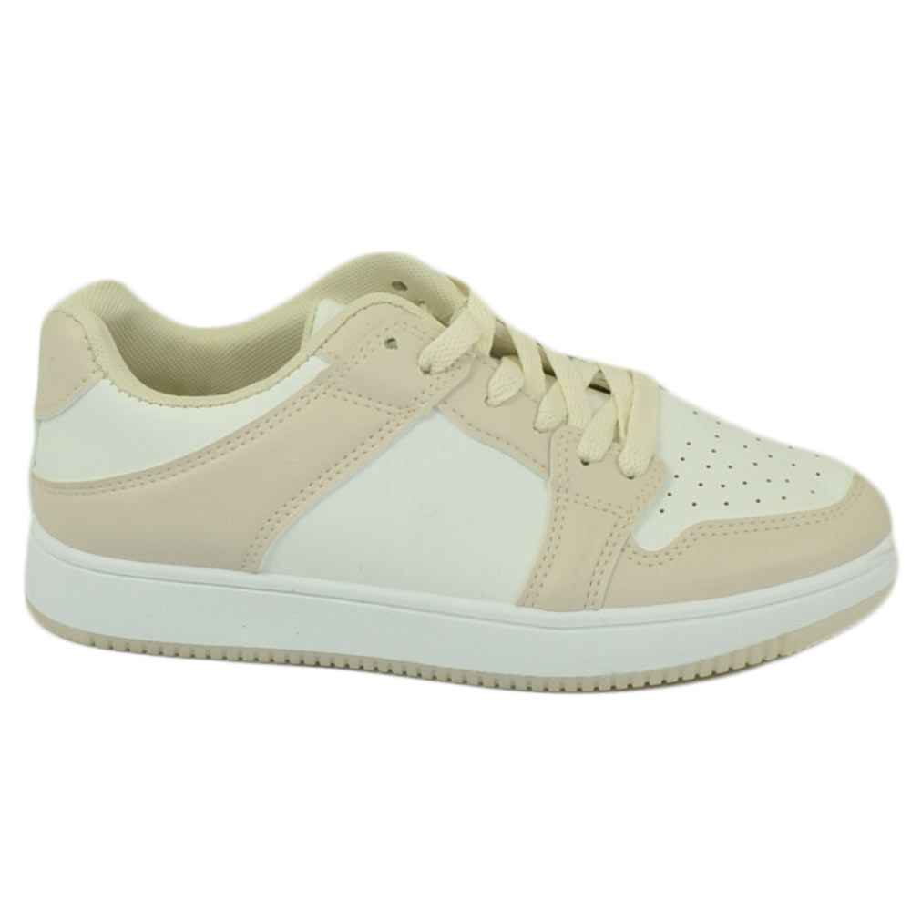 Sneakers bassa donna bianco bicolore beige suola basic gomma lacci in tinta comodo moda morbido antiscivolo.