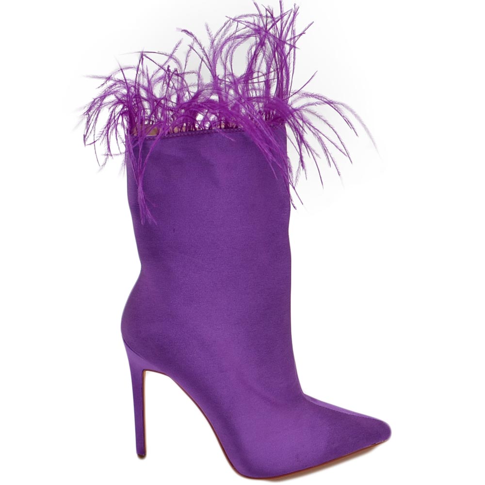 TRONCHETTO DONNA A PUNTA IN RASO SEMILUCIDO VIOLA ALTO META' POLPACCIO LISCIO CON PIUME TACCO SOTTILE 12CM ADERENTE ZIP