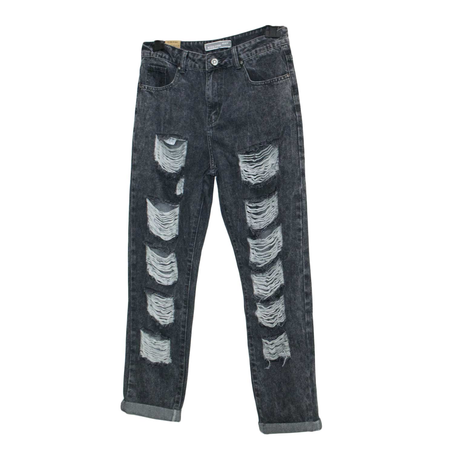 Jeans Mon Fit modello cropped con strappi grigio.
