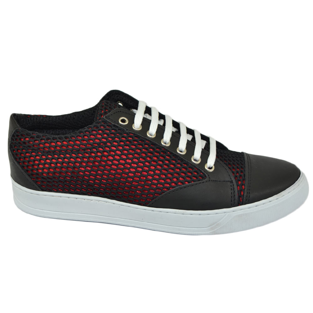 Sneakers scarpa bassa uomo tessuto lycra vera pelle nero fondo rosso ultraleggero genuine leather made in italy comoda