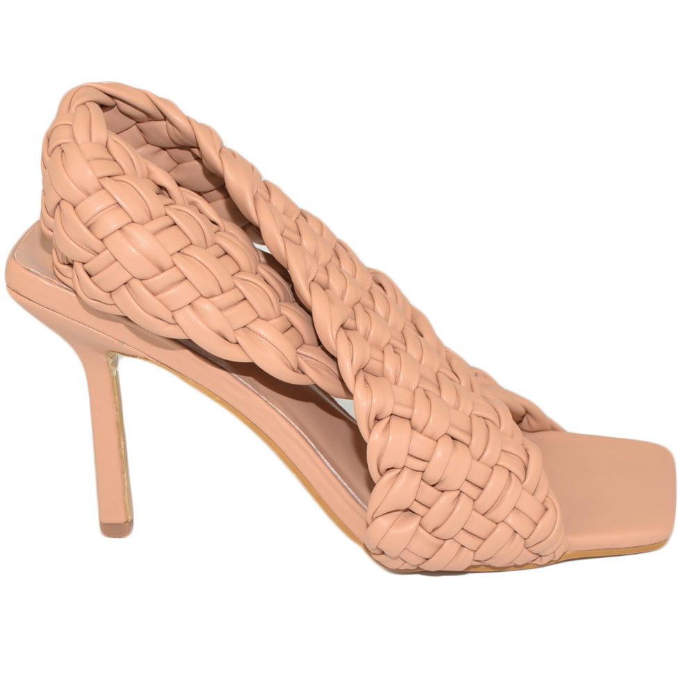 Sandalo donna nude mules sabot con tacco largo comodo 12 doppia fascia effetto intrecciato moda estate.