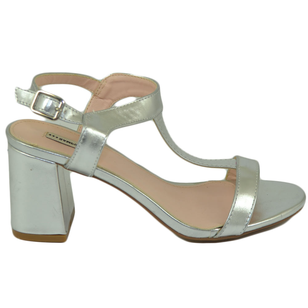 Sandali donna scarpe basic pelle ar4gento punta quadrata tacco basso 5 cm quadrato cinturino a T comodo cerimonia.