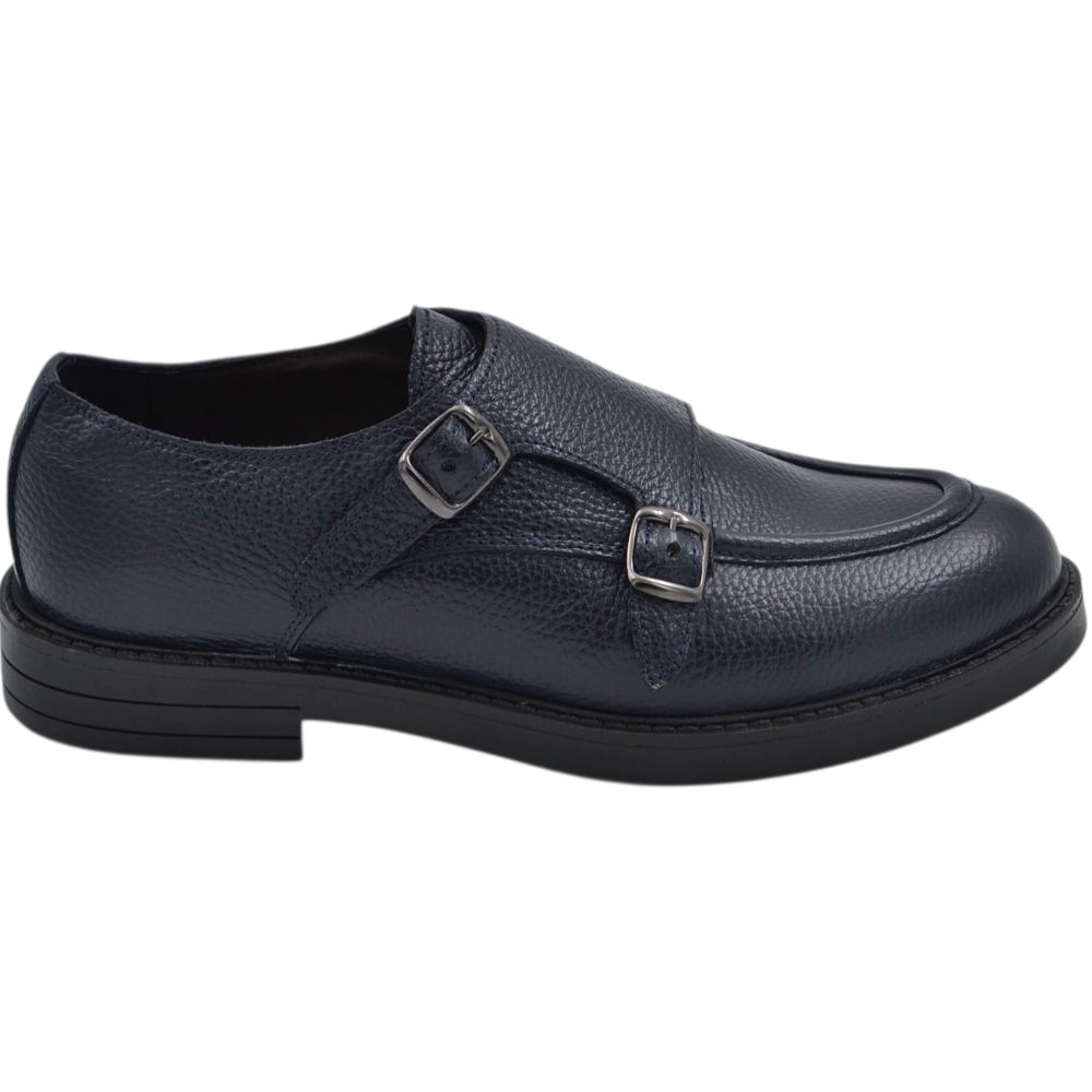 Scarpe uomo doppia fibbia eleganti in vera pelle bottolata blu fondo gomma businessman handmade in italy.