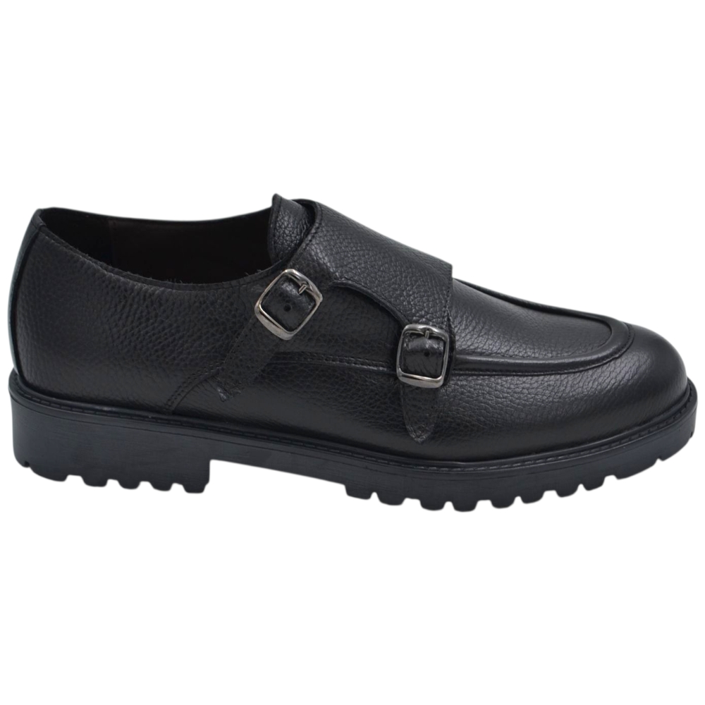 Scarpe uomo doppia fibbia eleganti in vera pelle bottolata nera fondo gomma roccia businessman handmade in italy.