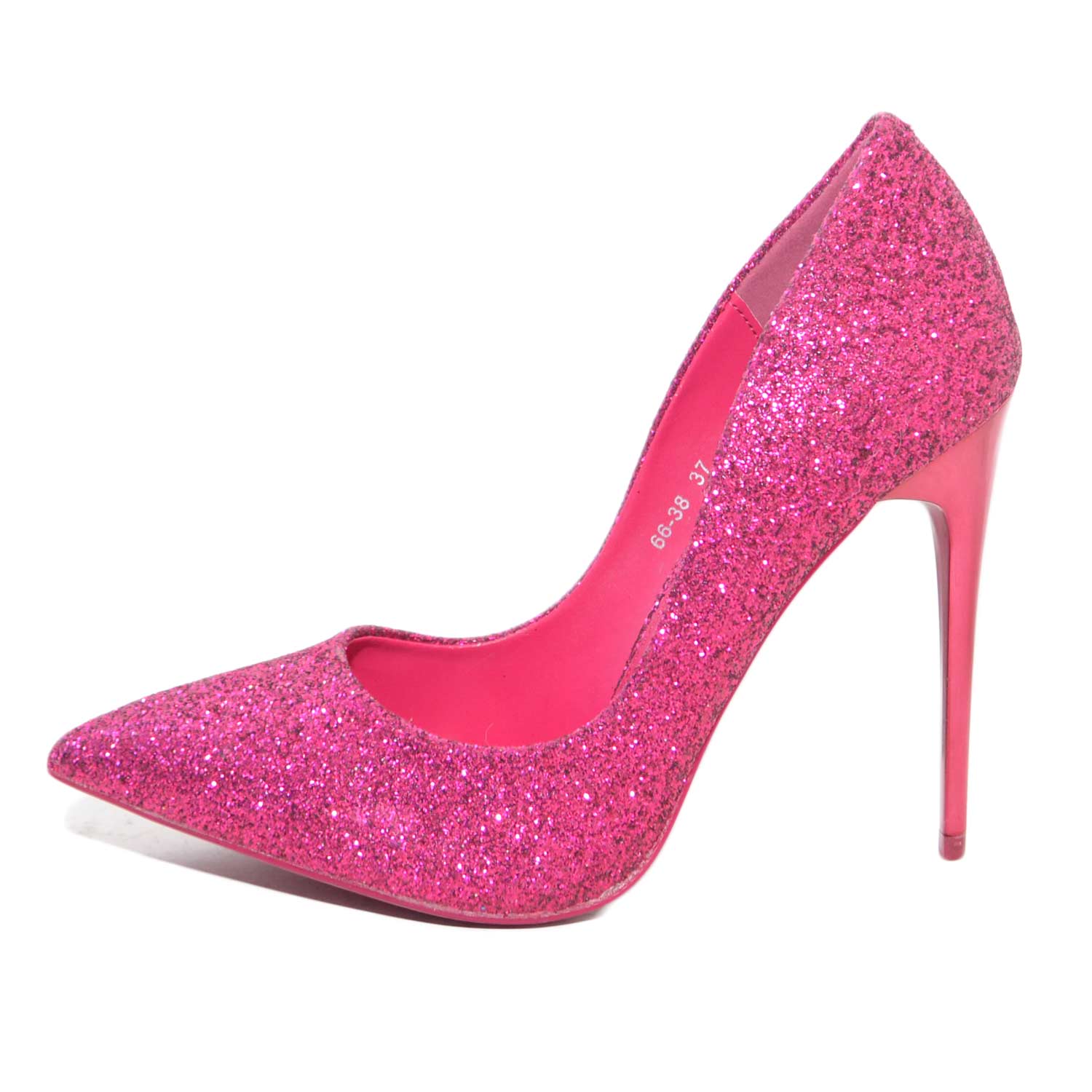 scarpe donna decollete glitter fucsia con tacco laccato tono su tono elegante