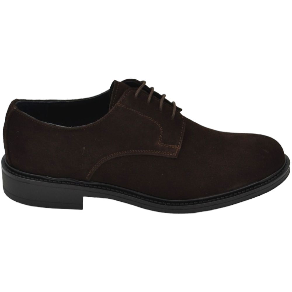 Scarpa uomo Derby classico stringato vera pelle scamosciato marrone fondo gomma antiscivolo.