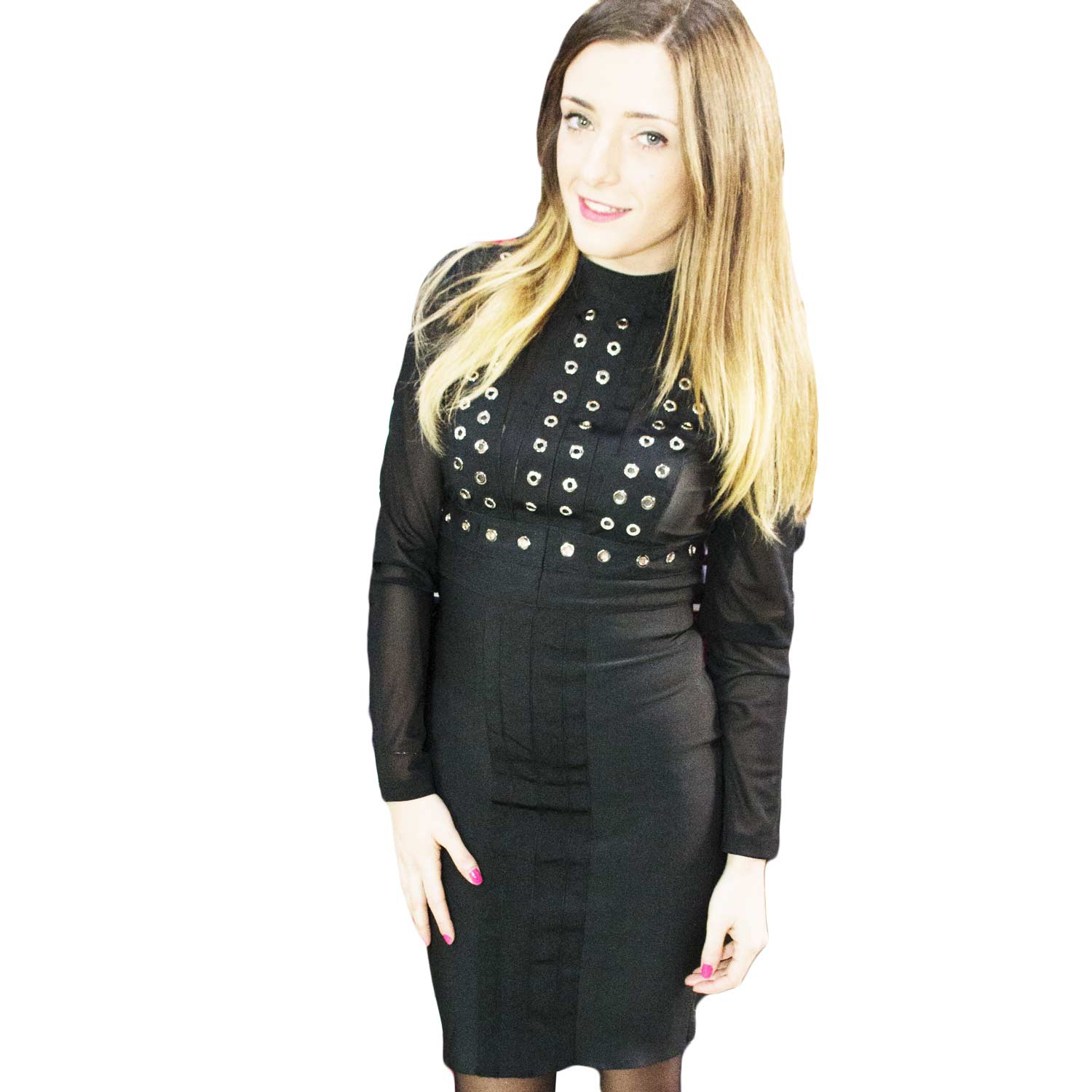 abito donna in jersey nero lungo borchie