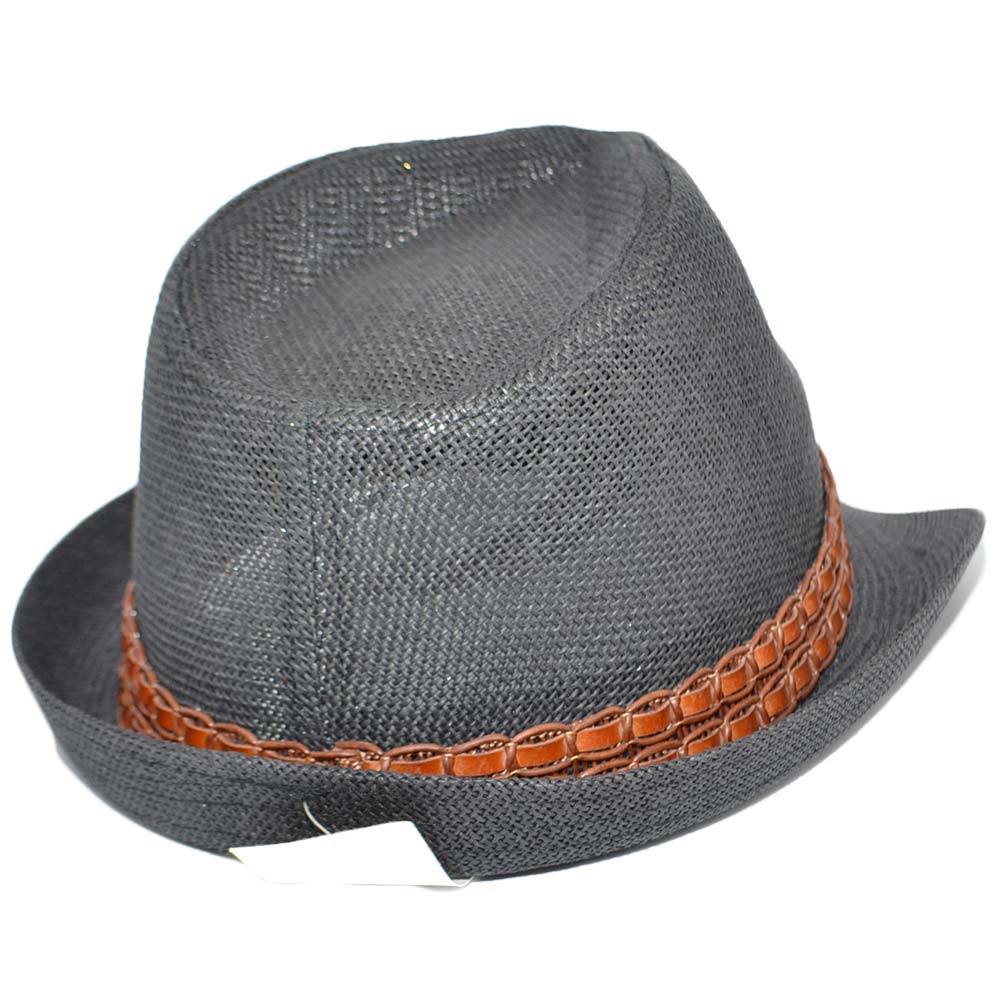 Cappello di Paglia Panama Nero Uomo con Catena Nera Tinta Unita Intreccio Largo Moda Estiva Tendenza Moda Giovane 