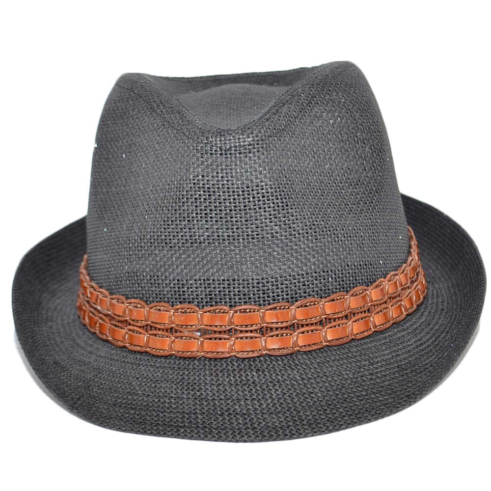 Cappello di paglia panama nero uomo con catena cuoio tinta unita naturale moda estiva tendenza moda giovane